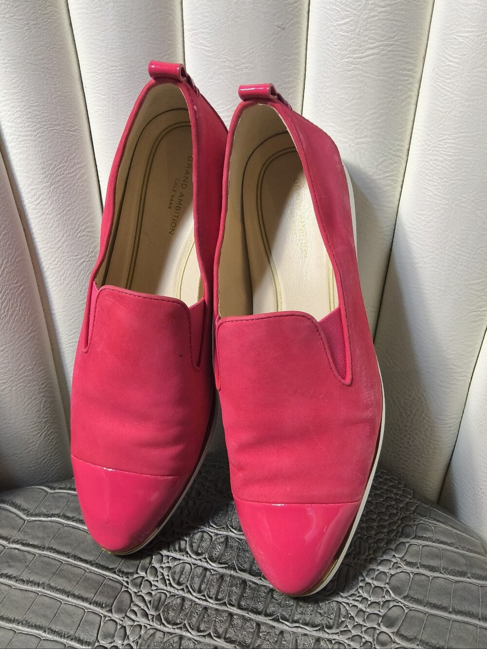 Hot pink Cole Haan Grand Ambition slip-on loafers with glossy patent cap toes. - Picture 2 of 6